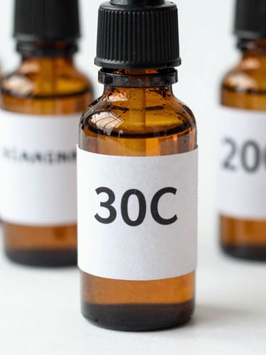 Crisp close-up of amber glass homeopathic dilution bottles, one labeled '30C' and another '200C', on a clean white background under soft studio lighting, sharp focus, 50mm lens.