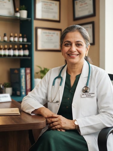 Professional portrait of a registered Indian homeopathic doctor in a clean clinical office, soft natural daylight, wearing a white coat with a stethoscope, warm and reassuring expression, sharp focus.