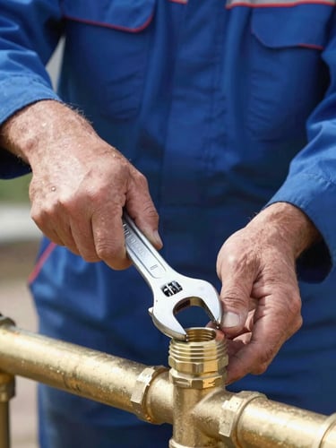 Crisp close-up of a professional plumber's hands in uniform using a heavy-duty wrench on a clean brass pipe fitting, bright work lights, sharp focus, 35mm photography