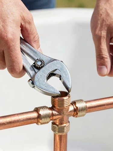 Close-up of professional plumbing wrench adjusting a copper pipe fitting, bright daylight, sharp focus on hands and metal tools, 35mm