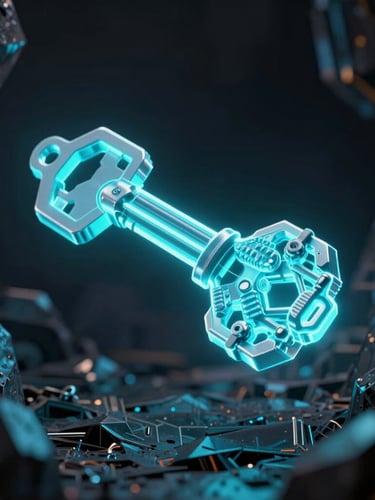 A high-fidelity 3D render of a glowing electric cyan cryptographic key node, suspended in a dark obsidian space with sharp technical light and dramatic shadows.