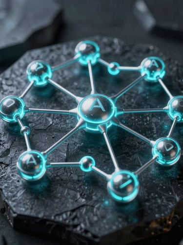 A close-up orthographic 3D rendering of interconnected cryptographic nodes glowing with sharp electric cyan highlights on an obsidian background.