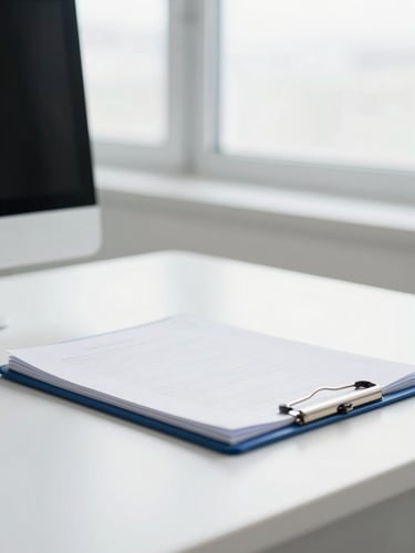 A clean clinical consultation desk with an open medical folder, soft overcast daylight through a window, shallow depth of field, professional and calm.