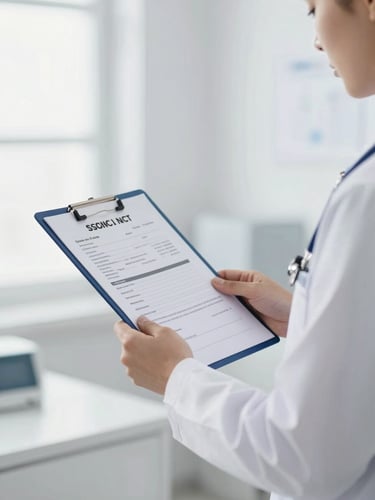 Dignified individual in a daylight-filled room holding a medical record, soft overcast daylight, high-contrast clinical editorial style, 50mm lens