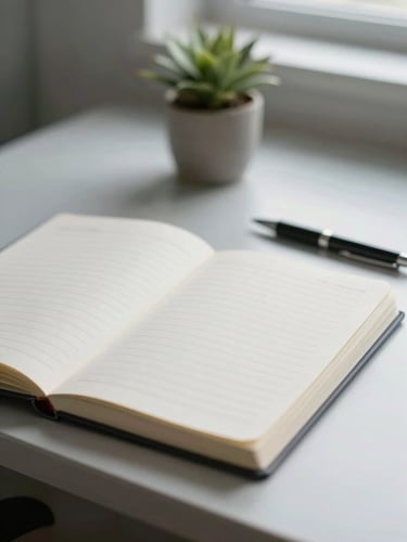 Close-up of an open notebook resting on a calm clinic desk, a pen beside it and a small potted plant in soft focus behind, natural north-facing window light falling evenly across the surface