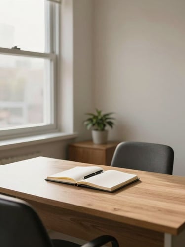 Calm psychiatry office corner, wide shot, morning north-facing window light casting even soft illumination across a tidy wooden desk and two chairs, open notebook and a pen resting on the desk surface, a small potted plant in the background, warm neutral tones, no people