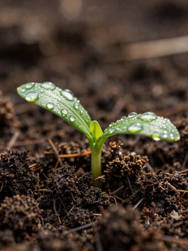 Macro detail of dark textured organic soil with a single vibrant green sprout covered in morning dew, soft diffused daylight, high contrast natural shadows, 35mm photography