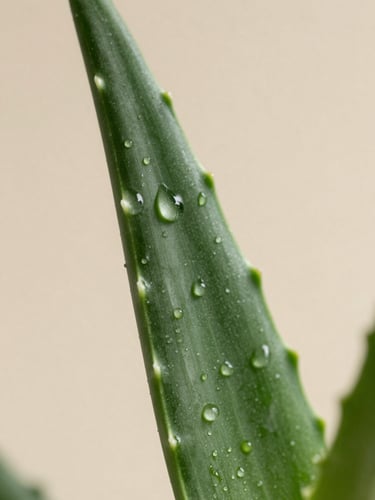 Macro detail of a single raw aloe vera leaf covered in morning dew drops, soft diffused morning light, minimalist studio backdrop, 35mm