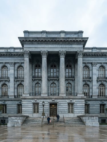Wide architectural angle of a classic state treasury stone facade, cool neutral daylight, desaturated slate tones, sharp focus, 35mm