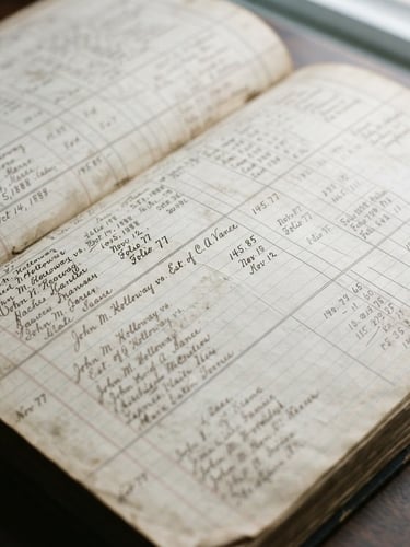 Macro shot of a vintage legal ledger with handwritten entries, cool daylight, desaturated slate tones, sharp focus, 35mm