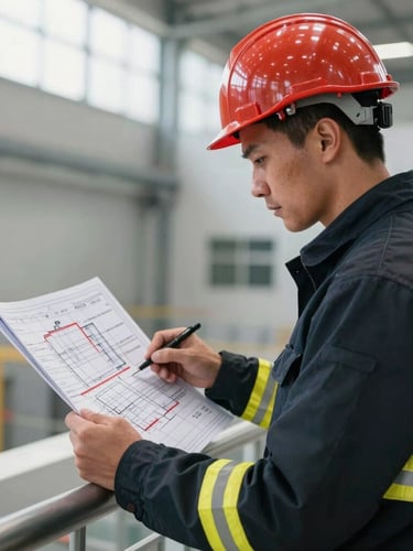 Professional engineer reviewing a technical fire evacuation blueprint in a modern facility, natural light, sharp focus