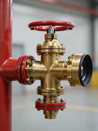Close-up of a brass industrial fire sprinkler head mounted on a red steel pipe, clean industrial warehouse background, sharp technical details, 35mm lens.