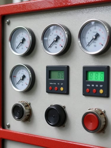 Close-up of a technical fire safety control panel with pressure gauges, digital display showing green status, red metal casing, sharp industrial photography.
