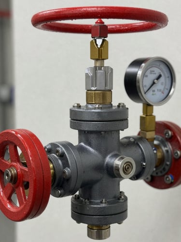 Close-up of a certified industrial fire sprinkler head and pressure gauge system, clean daylight, technical photography