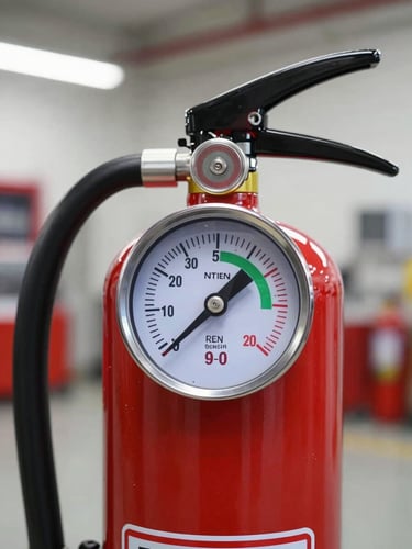 Close-up of a professional fire extinguisher pressure gauge showing the needle in the green safety zone, clean industrial workshop background, sharp focus, 35mm lens
