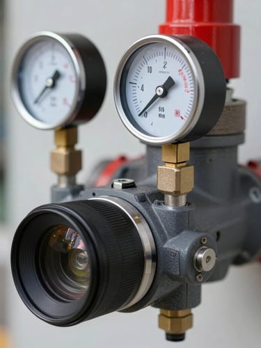 Close-up of a certified industrial fire sprinkler system head, clean pressure gauges, sharp technical details, daylight lighting, 35mm lens