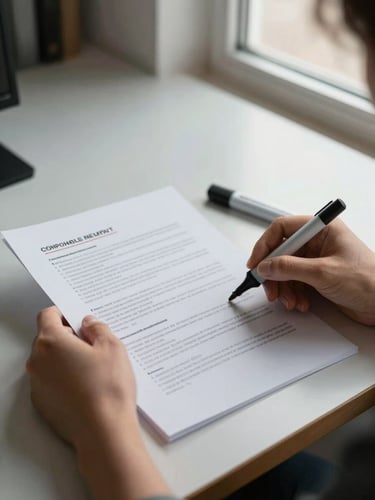Close-up of hands reviewing a printed financial compliance document on a clean desk, natural office window light from the right, a highlighter resting beside the page, warm gray desk surface visible at edges