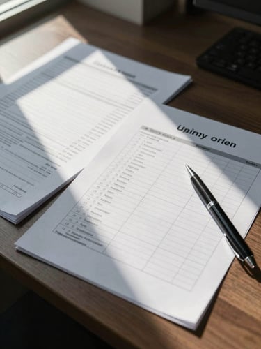 Overhead view of a structured desk with organized financial documents, a printed spreadsheet, and a pen resting on a compliance checklist — daylight from an office window casting soft shadows across the papers