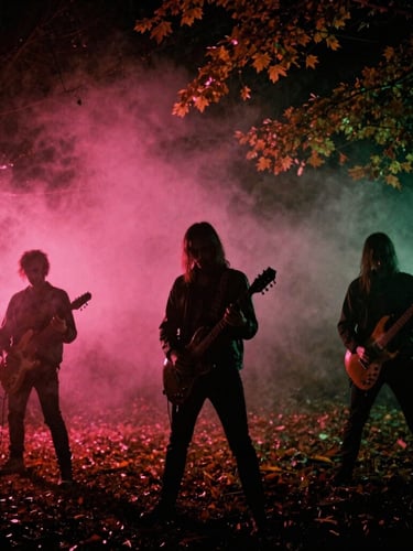 Misty autumn woods at night, silhouettes of horror-punk musicians holding instruments, glowing pink fog, 35mm cinematic lighting