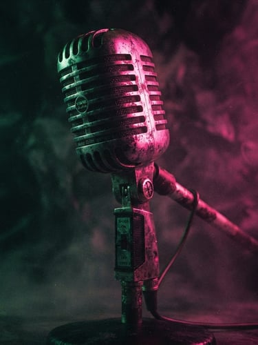 Low-angle dramatic shot of a glowing vintage analog radio microphone under harsh neon pink and green lights, thick fog, heavy film grain, 35mm