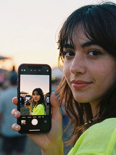 Close-up portrait of a young woman holding a smartphone showing the PicFil app interface with a shared photo roll, warm golden hour festival sun in the background, candid raw 35mm film aesthetic.