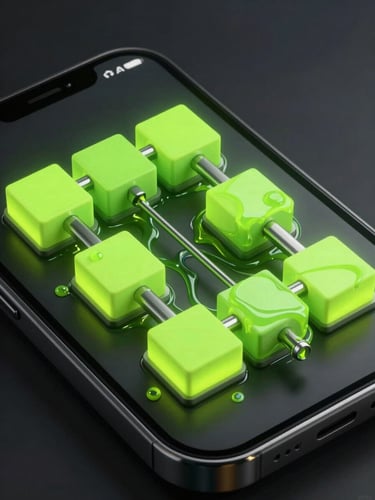 Isometric 3D render of a complex neon green fluid puzzle level on a dark mobile screen, showing liquid flowing through metallic channels under dramatic lighting.