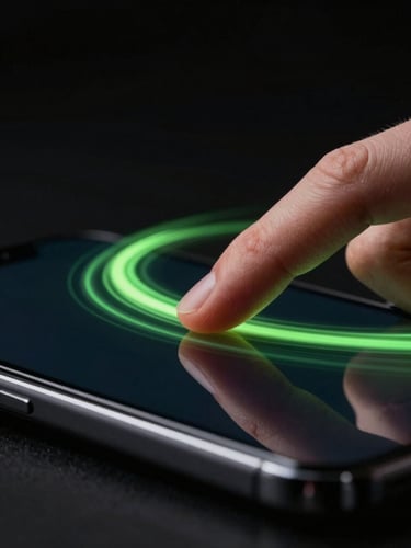 Macro close-up of a finger swiping across a dark smartphone screen, fluid neon green trail following the gesture, high contrast, OLED black background
