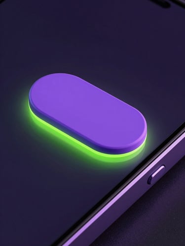 Extreme macro 3D render of a custom Android home screen widget. A fluid violet and neon green toggle slider is partially pressed, casting an intense OLED glow onto a dark, matte-textured phone bezel.