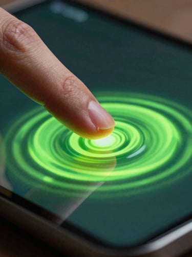 Extreme macro close-up of a finger touching an OLED screen, a neon green fluid ripple expanding from the contact point with high-fidelity physics rendering.