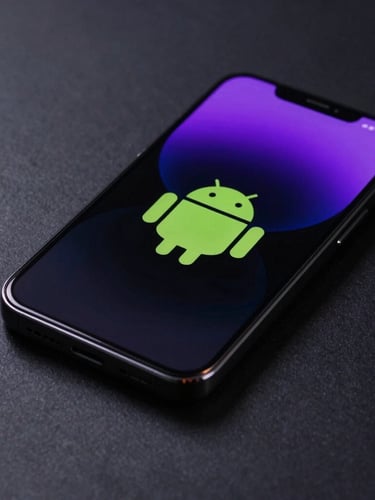 Extreme macro 3D render of a sleek black Android phone displaying a minimalist custom widget with glowing neon green borders on a matte dark surface, intense OLED screen glow casting violet light