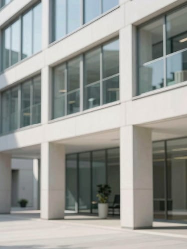 Modern Swiss office building interior with clean architectural lines, bright natural daylight, sharp focus