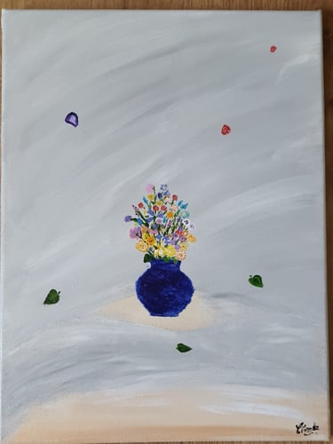 Réf : SUR250510. Vases bleu & bouquet. 30x40cm. 100€.