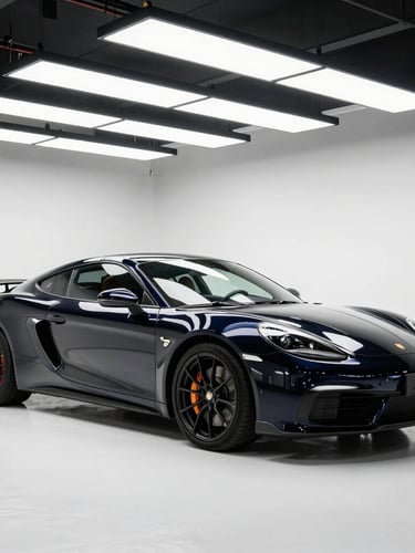 An immaculate, organized detailing bay with clean white floors, specialized overhead LED lighting arrays, and a polished sports car, crisp automotive photography