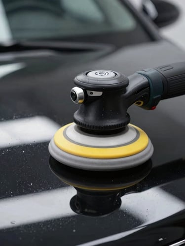 Extreme close-up of a dual-action polisher on a flawless black car hood, vivid reflections under bright studio lighting, 35mm