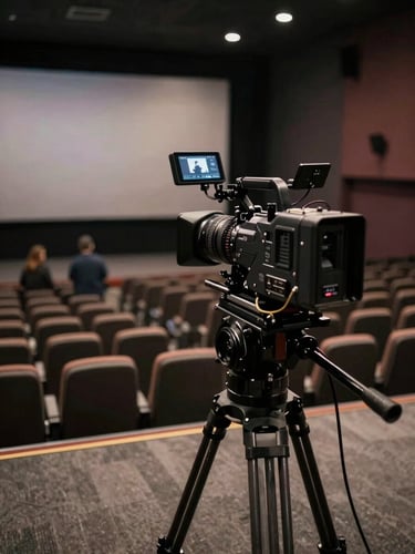 Wide shot from behind a cinema camera on a location set, directional key light visible in the far background illuminating an empty chair, crew absent, the frame breathes with pre-shoot anticipation, cinematic 2.39:1 atmosphere