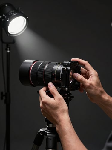 Close-up of a photographer's hands adjusting a large-format lens on a tripod in a dark studio, a single directional strobe casting a sharp beam across the frame, minimal background