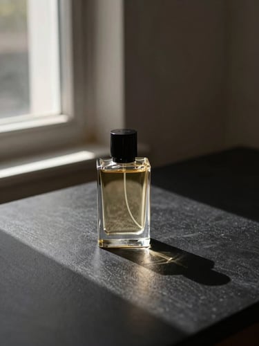 Product still life on a matte black surface, single north-light window illuminating a perfume bottle from the left, deep shadow trailing right, highly controlled studio environment