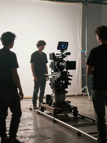 Wide establishing shot of a film production set, camera rigged on a dolly track, directional key light striking a subject from camera-left, crew in silhouette at the periphery