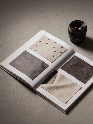 Flat lay of brand identity materials — printed lookbook open, fabric swatches, and a single object — lit from above with diffused studio light, neutral warm-grey surface