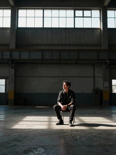 Environmental portrait of a single figure seated in a vast industrial space, dramatic side-lighting from a high window, deep tonal contrast, wide shot with generous negative space above