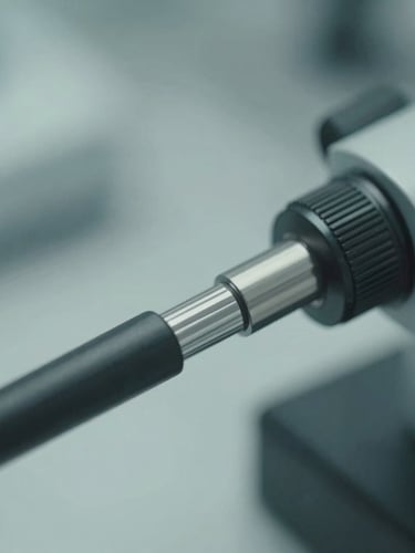 Macro sterile clinical photography of high-precision laboratory instruments, cool desaturated teal and slate gray lighting, clean-room environment.