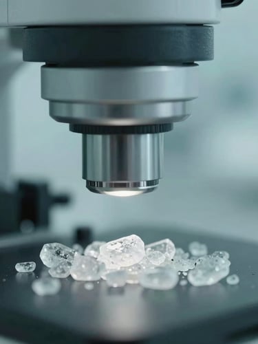 Extreme close-up of a high-magnification laboratory instrument analyzing crystalline compounds, cool sterile teal lighting, desaturated slate tones, high-contrast details