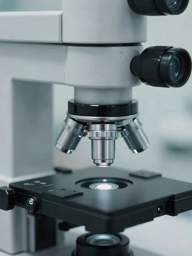Extreme close-up of high-magnification laboratory instruments in a sterile Bangalore facility, cool desaturated slate gray lighting