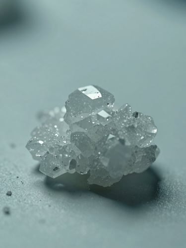 Macro clinical photography of crystalline compounds under cool diffused laboratory light, sharp high-contrast shadows, sterile teal tones.