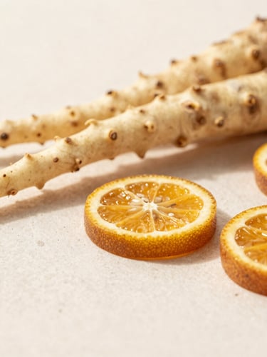 Close-up macro of raw vetiver roots and sliced amber citrus on a clean stone surface, sunlit airy studio lighting, warm amber tones, 35mm