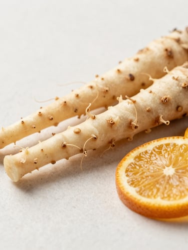 A close-up macro shot of raw vetiver roots and sliced amber citrus on a clean light stone surface, bright diffused north-facing daylight, warm amber tones, 35mm