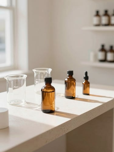 A sunlit, minimalist apothecary studio in Broomfield, glass beakers and amber bottles on a clean stone workbench, bright diffused daylight, soft shadows, 35mm