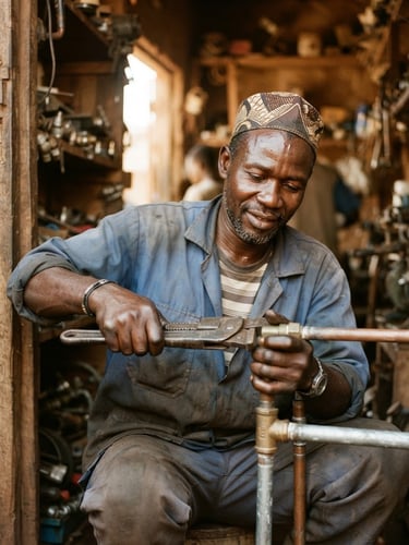 Warm portrait of a local artisan (e.g., plumber, electrician) in West Africa, working with tools, natural sunlight, 35mm, rich earth tones, authentic expression, focused on hands and face.