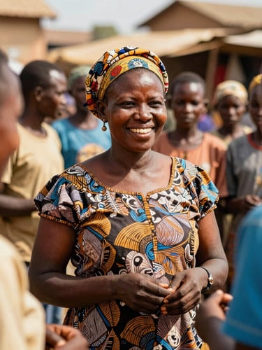 Portrait of a smiling West African woman, a local community leader, engaging with a group of people in a vibrant market setting, natural sunlight, warm and inviting atmosphere.