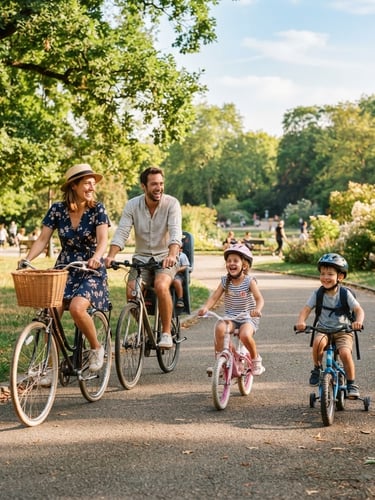 A happy French family riding bicycles together on a sunlit path in a green park, bright natural daylight, warm friendly tones, 35mm photography